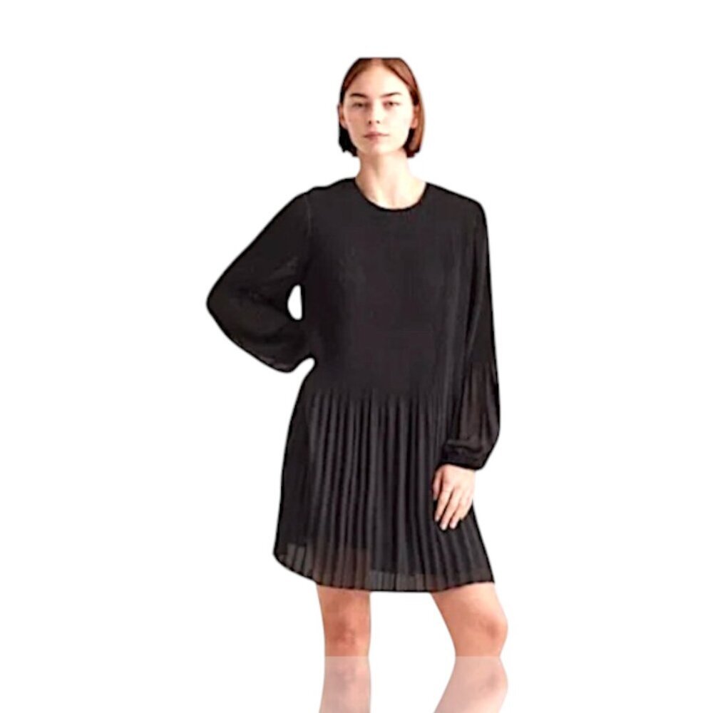 Quince Chiffon Elegant Pleated Long Sleeve Mini Dress in Black Size Small #10